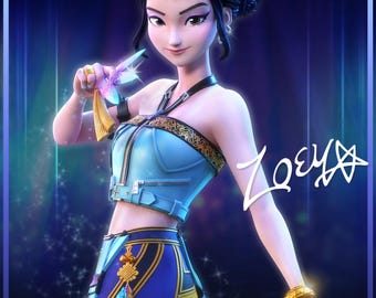 Puede incluir: Ilustración digital de un personaje femenino llamado Zoeya, vestida con un atuendo azul y dorado. Sostiene un objeto decorativo con un diseño en forma de estrella. La imagen tiene un fondo azul oscuro con el texto "Zoeya". El logotipo "Neko Figurines" está en la esquina superior izquierda.