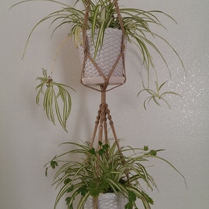 2- tier Hand Crafted Macrame Plant Hanger- Tan (Available in white, black, brown, silver, chocolate color)