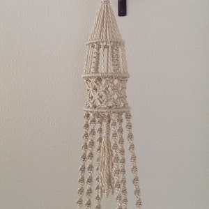 May include: A beige macrame plant hanger with a decorative design. The plant holder is suspended from a black metal hook attached to a white wall. The macrame features intricate knotting and a series of hanging strands.