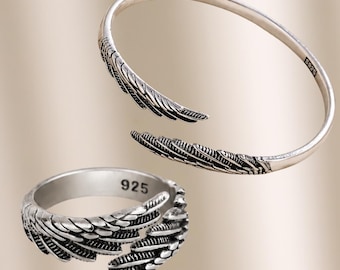 925S Set med 2 Änglavinge Manschettarmband och Ring, Sterlingsilver Fjäderarmband, Minimalistiska Justerbara Smycken, Present Till Henne Honom, Smyckeset