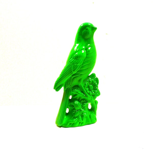 ceramic bird figurine, neon green, birds, woodland, bright, upcycled, figurines, home decor