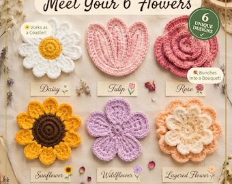 Crochet Flower Coaster Bouquet Pattern | 6 Unique Floral Designs (PDF Download)