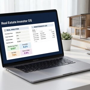 Puede incluir: Un ordenador port&aacute;til que muestra una interfaz "Real Estate Investor OS" con datos financieros, incluyendo el precio de compra, la tasa de inter&eacute;s y el alquiler mensual. Una maqueta de casa y un bol&iacute;grafo est&aacute;n sobre el escritorio.