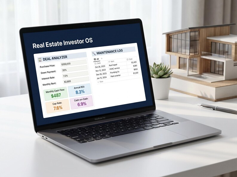 Puede incluir: Un ordenador port&aacute;til que muestra una interfaz "Real Estate Investor OS" con datos financieros, incluyendo el precio de compra, la tasa de inter&eacute;s y el alquiler mensual. Una maqueta de casa y un bol&iacute;grafo est&aacute;n sobre el escritorio.