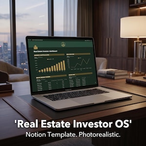 May include: A silver laptop displaying a real estate investor dashboard with charts and data. The screen shows a green and gold interface with the text "Real Estate Investor OS". The laptop sits on a dark wooden desk.