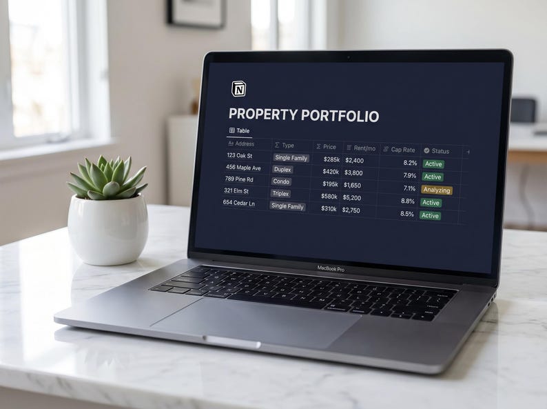 Puede incluir: Un ordenador port&aacute;til MacBook Pro plateado que muestra un "Property Portfolio" en su pantalla. La pantalla muestra una tabla con detalles de la propiedad, incluyendo direcci&oacute;n, tipo, precio y estado. Una peque&ntilde;a planta suculenta en una maceta blanca est&aacute; a la izquierda.
