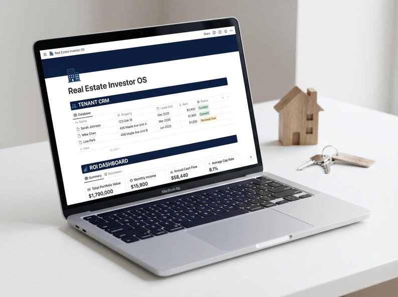 Puede incluir: Un ordenador port&aacute;til MacBook Air plateado que muestra un panel de control de inversor inmobiliario con datos de CRM de inquilinos y ROI. Una peque&ntilde;a casa de madera y llaves descansan junto al port&aacute;til sobre una superficie blanca. La pantalla muestra datos financieros y el texto "Real Estate Investor OS".