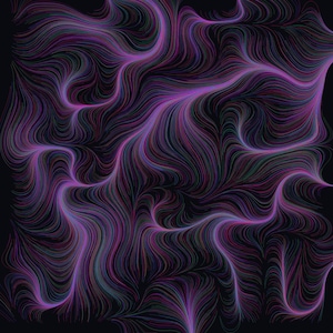 Peut inclure: Un graphique numérique abstrait composé d'un réseau dense de lignes fluides semblables à des cheveux, dans des tons vifs de violet, magenta et sarcelle sur un fond noir uni. Les lignes forment des motifs ondulés qui traversent l'image.