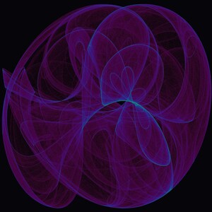 Puede incluir: Una obra de arte digital abstracta que presenta intrincadas cintas translúcidas de color púrpura y violeta que se superponen para formar un patrón circular complejo y giratorio sobre un fondo negro, con toques de luz cian en el centro.