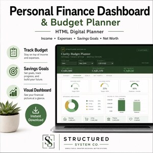 May include: A laptop displaying a Personal Finance Dashboard & Budget Planner with charts, graphs, and financial data. The screen shows sections for income, expenses, savings goals, and net worth. The text includes Structured System Co.