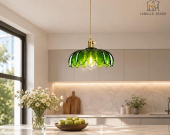 Vintage Green Glass Pendant Light, Adjustable Hanging Ceiling Fixture