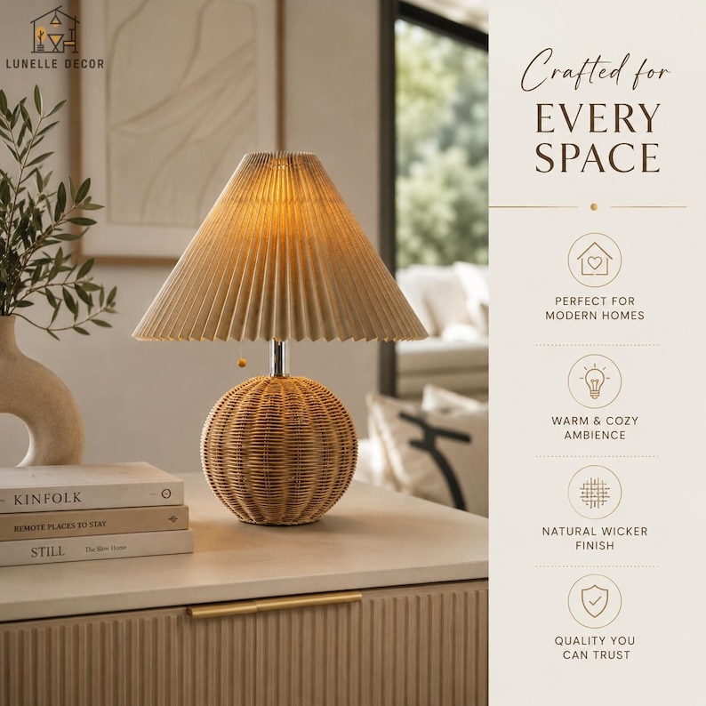 Op de afbeelding: Een decoratieve tafellamp met een geplooide beige lampenkap en een bolvormige rotan voet. De lamp staat op een lichtgekleurd houten oppervlak, met boeken en een vaas in de buurt. De tekst "Crafted for EVERY SPACE" is zichtbaar.