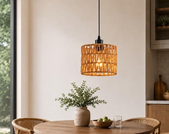 Woven Rattan Pendant Light: Boho Farmhouse Hanging Lamp for Kitchen Island