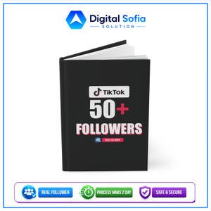 May include: A black book featuring the TikTok logo and the text "50+ FOLLOWERS". The book also has the words "REAL FOLLOWER" and other text. The book is open, revealing white pages.