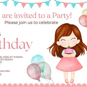 Pink Girl Birthday Invitation Editable Template - Printable kids Birthday Party Invitation - Instant Download - Editable in Canva