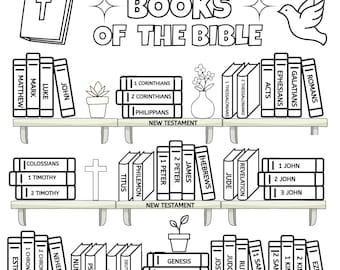 Wydrukowane księgi Biblii - Kolorowanka do wydrukowania z półką na książki biblijne - Śledzenie czytania ksiąg biblijnych - Wydrukowana aktywność w klasie biblijnej - Lista kontrolna Biblii
