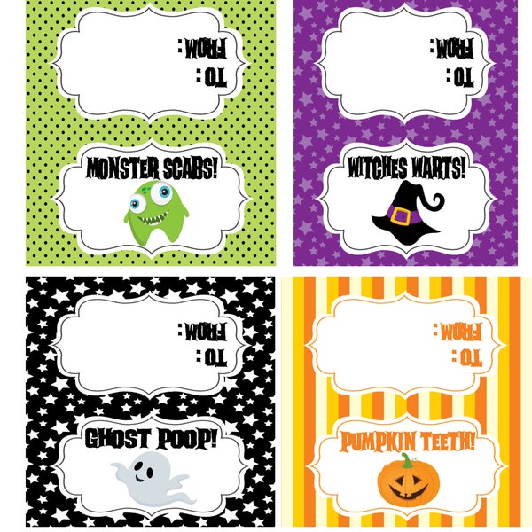 Halloween Treat Bag Toppers - Digital File - You Print / Set of 4 Designs / Monster Scabs, Witches Warts, Ghost Poop and Pumpkin Teeth