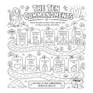 Könnte beinhalten: Schwarz-weiß illustriertes Kinder-Arbeitsblatt mit dem Titel "Die Zehn Gebote". Das Bild zeigt einen Weg mit nummerierten Stationen, Illustrationen und Text, der jedes Gebot erklärt. Enthält den Text "Gott gibt uns diese Gebote, weil er uns liebt!"