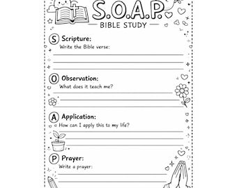 Folha de Atividades de Estudo Bíblico SOAP para Crianças | Observação, Aplicação e Oração das Escrituras para Imprimir | Página para Colorir Cristã | Estudo Bíblico para Crianças