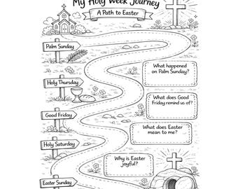 May include: Black and white illustration of a Holy Week journey. The image features a winding road with milestones like Palm Sunday, Holy Thursday, Good Friday, Holy Saturday, and Easter Sunday. Text includes "My Holy Week Journey" and "A Path to Easter."