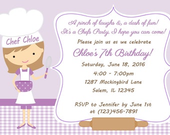 Kid's Cooking Invitation - Girl  (Digital File) / Baking Birthday Party Invitation - Chef Birthday Invitation - Baking Party Invitation
