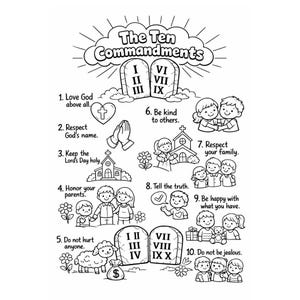 Puede incluir: Ilustración en blanco y negro de los Diez Mandamientos. La imagen incluye texto e ilustraciones de los mandamientos, como amar a Dios, respetar a los demás y honrar a los padres. La imagen es adecuada para fines educativos.