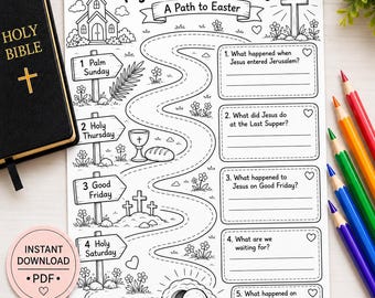 Może przedstawiać: Czarna Święta Biblia obok białej karty pracy zatytułowanej My Holy Week Journey A Path to Easter. Karta zawiera krętą ścieżkę z numerowanymi drogowskazami, ilustracje kościoła, krzyża, kielicha, chleba i grobu oraz pięć numerowanych zadań pisemnych.