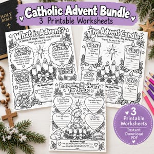 Peut inclure: Trois feuilles de travail imprimables en noir et blanc intitulées Catholic Advent Bundle, What is Advent, The Advent Candles et Preparing My Heart for Jesus, avec des illustrations au trait de bougies, une crèche et du texte.