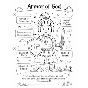 Puede incluir: Ilustración en blanco y negro de un caballero de dibujos animados con armadura, etiquetado con la "Armadura de Dios" y varios componentes como "Casco de la Salvación" y "Escudo de la Fe". Incluye texto de Efesios 6:11.