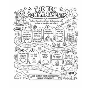 May include: Black and white illustrated educational chart titled "The Ten Commandments." The chart features a path with numbered commandments, illustrations, and text. Includes a start and finish sign, and a message about God's love.