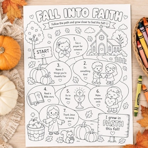 May include: A black and white printable activity sheet titled FALL INTO FAITH featuring a path with seven numbered steps, illustrations of a church, children, a Bible, a chalice, and Jesus, surrounded by autumn leaves, pumpkins, and a squirrel.