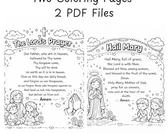 Páginas para colorear de oraciones para niños: Padre Nuestro y Ave María. Hojas de ejercicios de la Biblia católica. Hoja de actividades religiosas. Imprimible en blanco y negro.