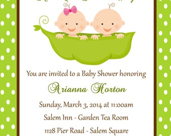 Twin Baby Shower Invitation - Peas in a Pod - Printable (Digital File) Plus FREE Diaper Raffle Ticket