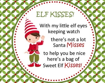 Elf Kisses Printable Tag - DIGITAL FILE You Print - Elf Kisses - Treats from Elf - Christmas Favor Tag - Printable Elf Kisses