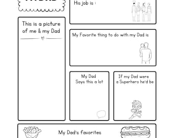 All About My Dad Printable Fathers Day Questionnaire Dad Gift from Kids, DIY Fathers Day Coloring Card Activity, Fill In The Blank Worksheet
