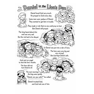 May include: Black and white illustrated children's book page titled "Daniel in the Lion's Den." The image depicts Daniel praying, lions, and other characters. Text bubbles tell the story of Daniel's faith and protection.