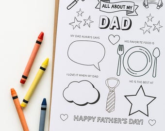 All About My Dad Worksheet Printable – Father’s Day Coloring Page – Gift from Kids to Dad – Instant Download Activity