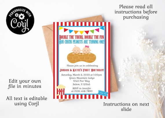 Circus Birthday Invitation - Editable - Instant Download - Twin Circus Birthday/ Circus Peanuts Birthday - Corjl Il_570xn