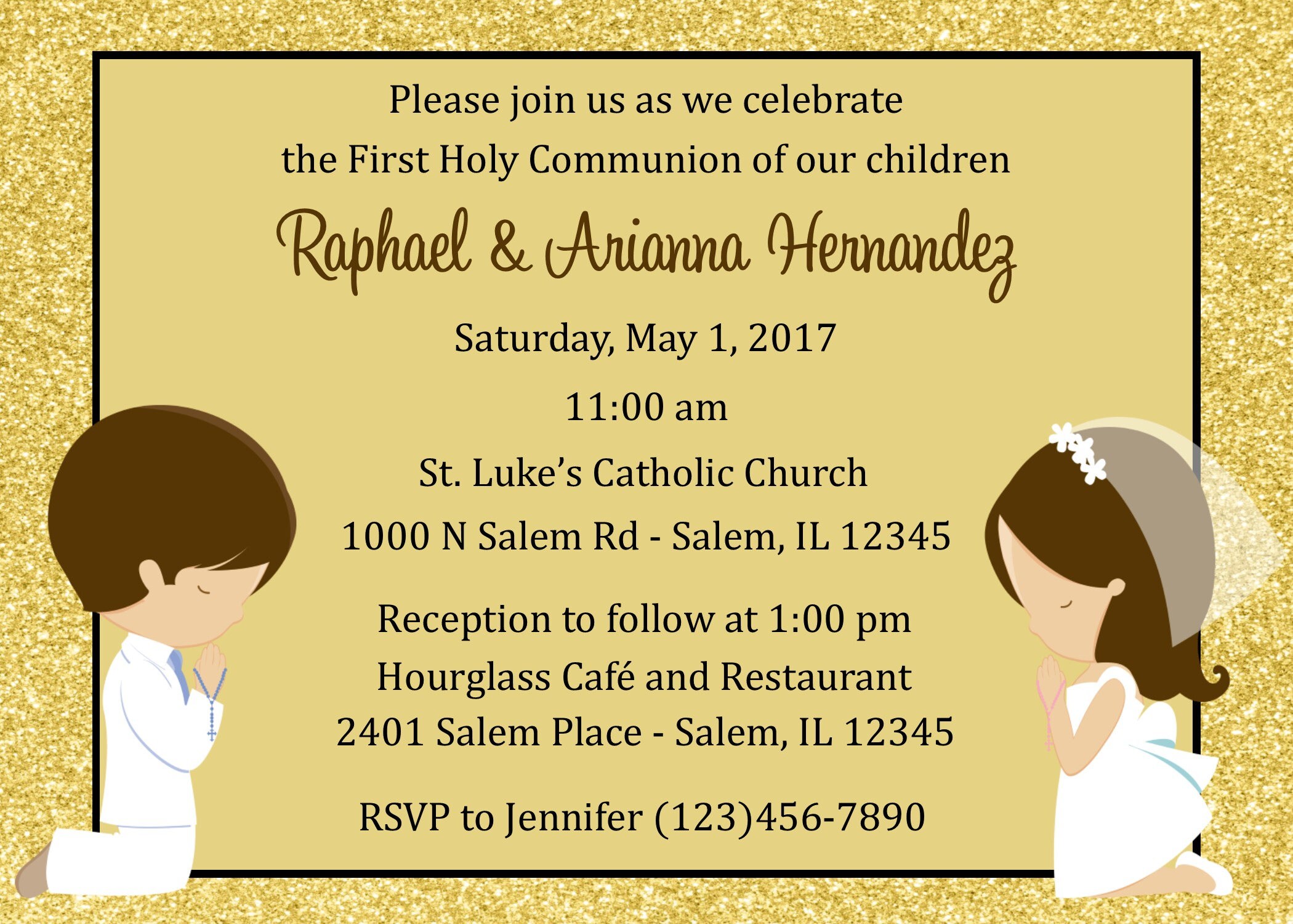 First Communion Invitation Twins Digital File Gold Etsy