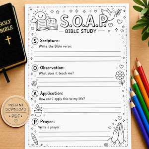 May include: A white paper sheet for S.O.A.P. Bible study with black printed text and line prompts for Scripture, Observation, Application, and Prayer. The page features decorative illustrations of a sun, open book, dove, flowers, and praying hands.