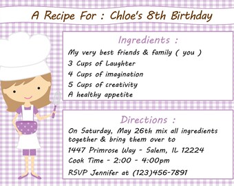 Kid's Cooking Invitation - Girl  (Digital File) / Kid's Baking Invitation / Cooking Birthday Party / Baking Birthday Invitation