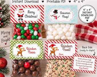 Christmas Treat Bag Toppers Printable, Reindeer Food & Noses, Snowman Poop, Christmas Party Favors, 4x4 Instant Download PDF