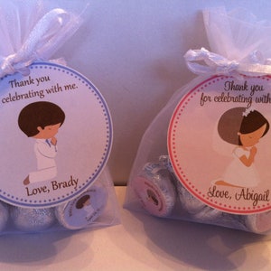 First Communion Favors - White Organza Bags, with a party favor tag thanking your guests for coming.  Also comes with small stickers to put into the botttom of small chocolates or candies. Perfect finishing touch for your First Communion!