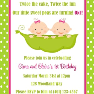 Twins First Birthday Invitation Digital File / First Birthday Invitation For Twins / 2 Peas in a Pod Birthday / Pea Pod Twins Birthday image 1