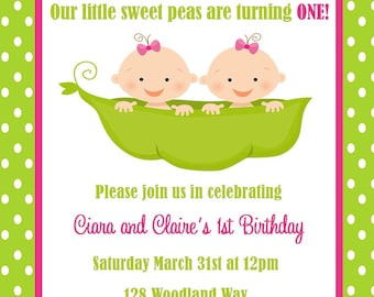 Twins First Birthday Invitation - (Digital File) / First Birthday Invitation For Twins / 2 Peas in a Pod Birthday / Pea Pod Twins Birthday