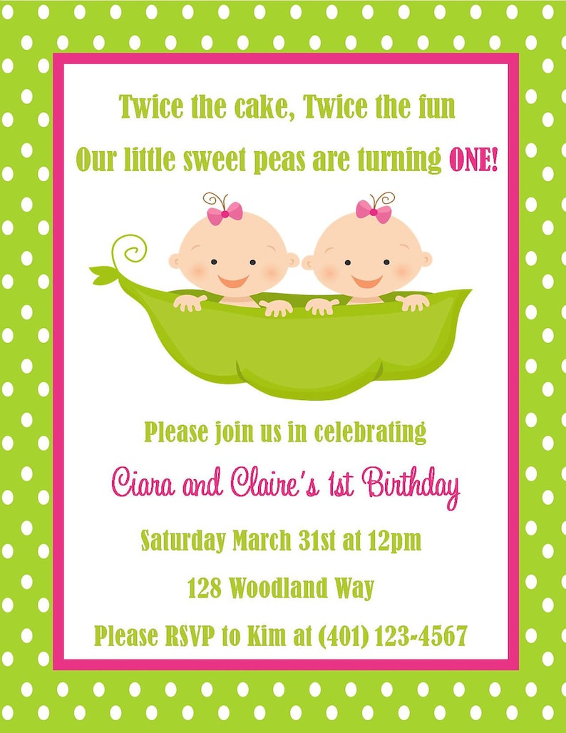 Twins First Birthday Invitation Digital File / First Birthday Invitation For Twins / 2 Peas in a Pod Birthday / Pea Pod Twins Birthday image 1