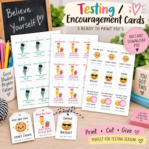 May include: Three sheets of printable tags featuring cartoon pencils, erasers, cookies, and emojis with motivational text like 'Here's a little treat', 'Rock this Test', and 'You are one smart cookie'. Includes individual cut-out tags.