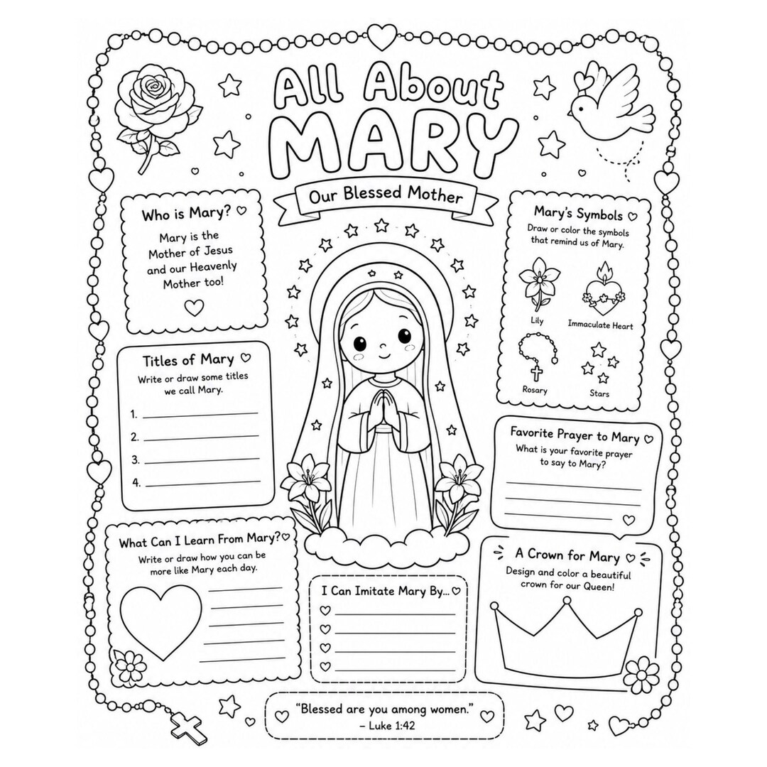 All About Mary Printable for Kids | Catholic Mary Worksheet | Blessed ...