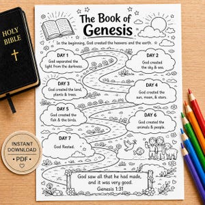 May include: A black Holy Bible, a circular tag reading Instant Download PDF, and a set of colored pencils next to a white coloring page titled The Book of Genesis. The page features a winding path, clouds with text for days one through seven, and illustrations of nature, animals, and people.