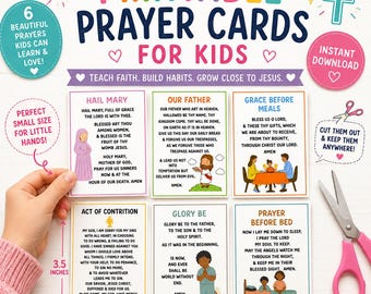 Cartes de prière catholiques pour enfants, Prières catholiques courantes, Acte de contrition, Notre Père, Je vous salue Marie, Bénédiction avant les repas (carte pour enfant)